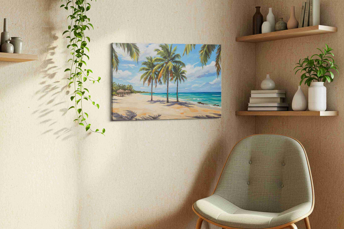 Serene Sands of Paradise beach canvas print, displayed in a living room