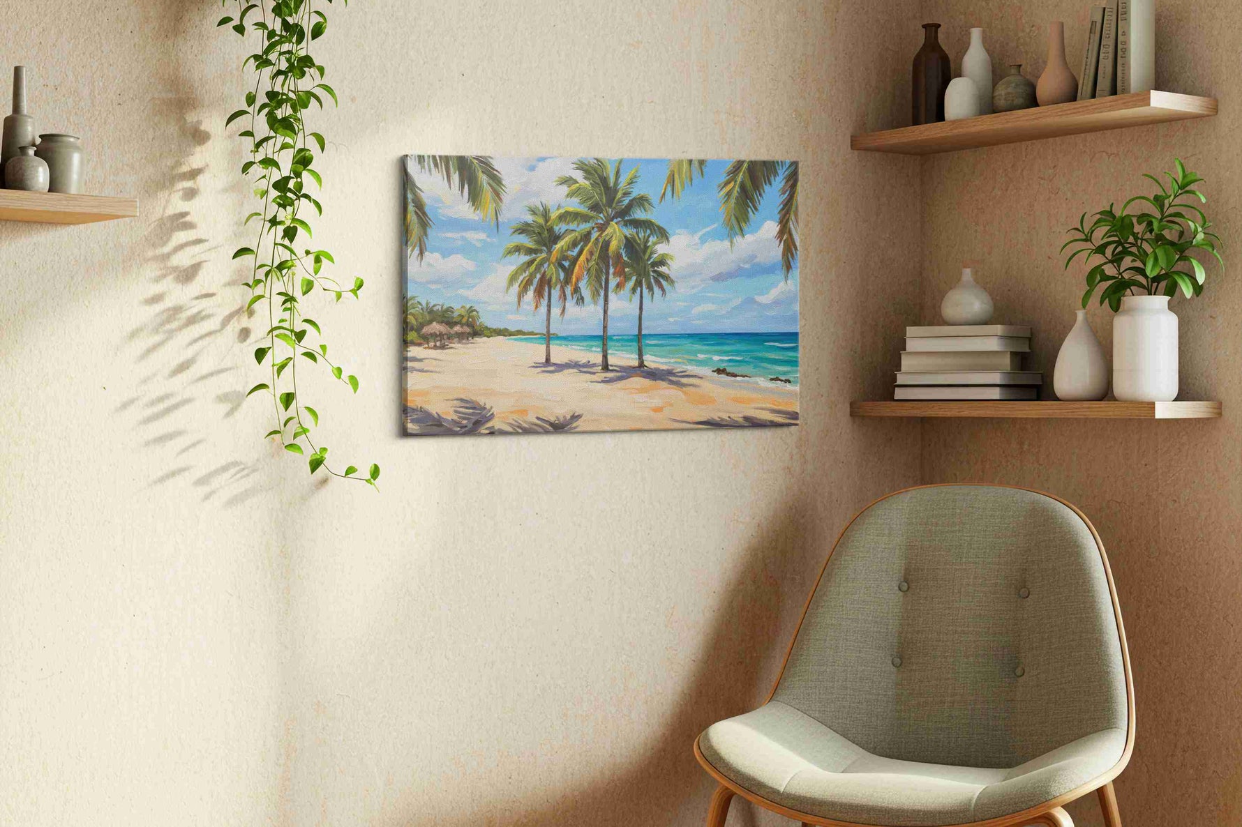 Serene Sands of Paradise beach canvas print, displayed in a living room