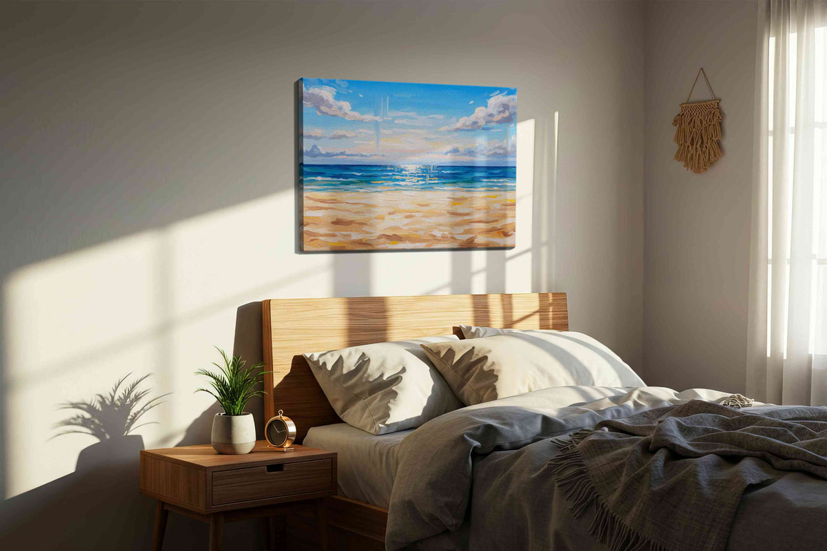 Serenity at Sunset Shores beach canvas print, displayed in a bedroom