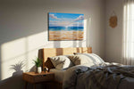 Serenity at Sunset Shores beach canvas print, displayed in a bedroom
