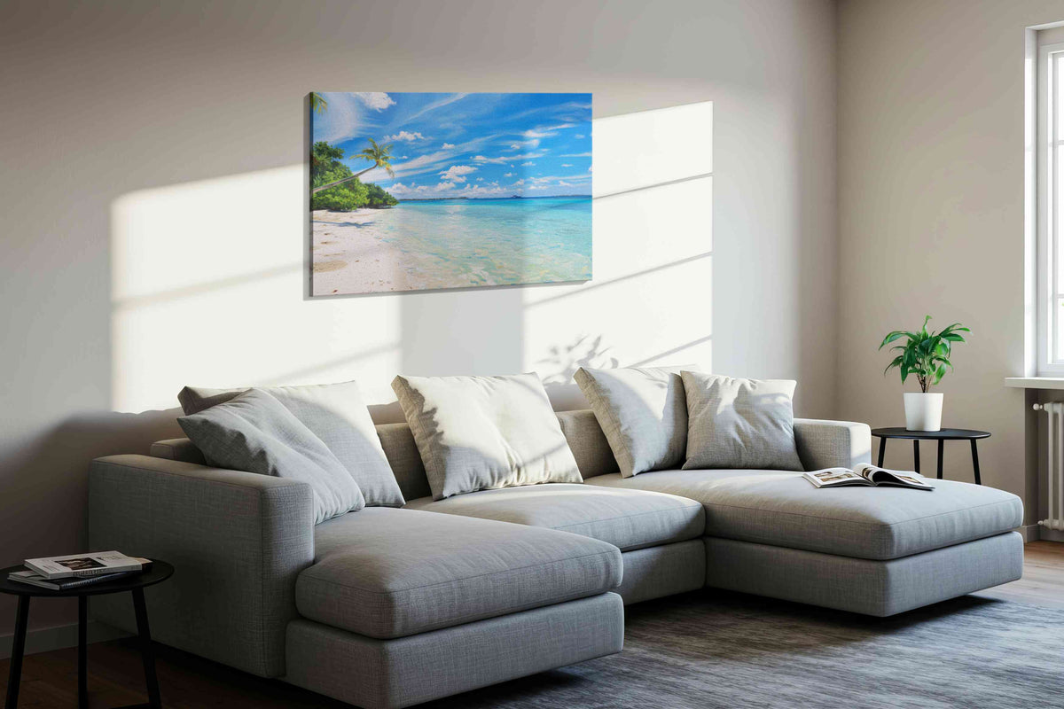 Serenity by the Shore beach canvas print in a living room scene