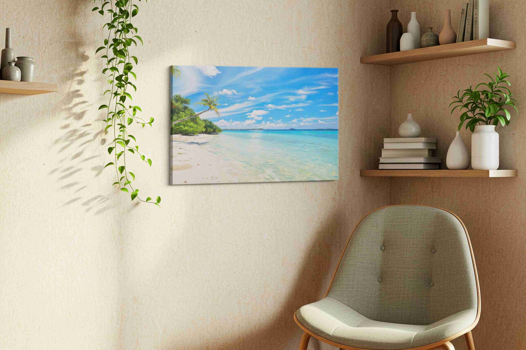 Serenity by the Shore beach canvas print, displayed in a living room