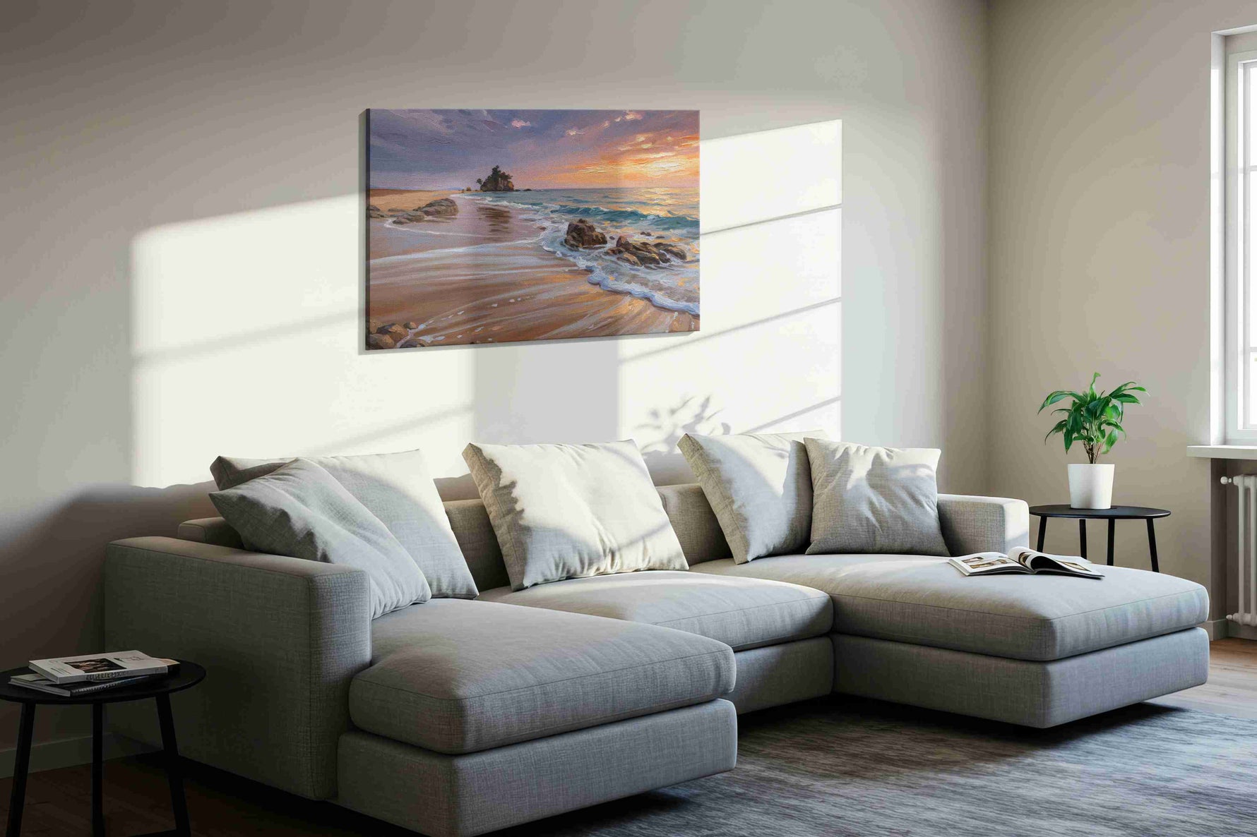 Shores of Serene Evening beach canvas print, displayed in a living room