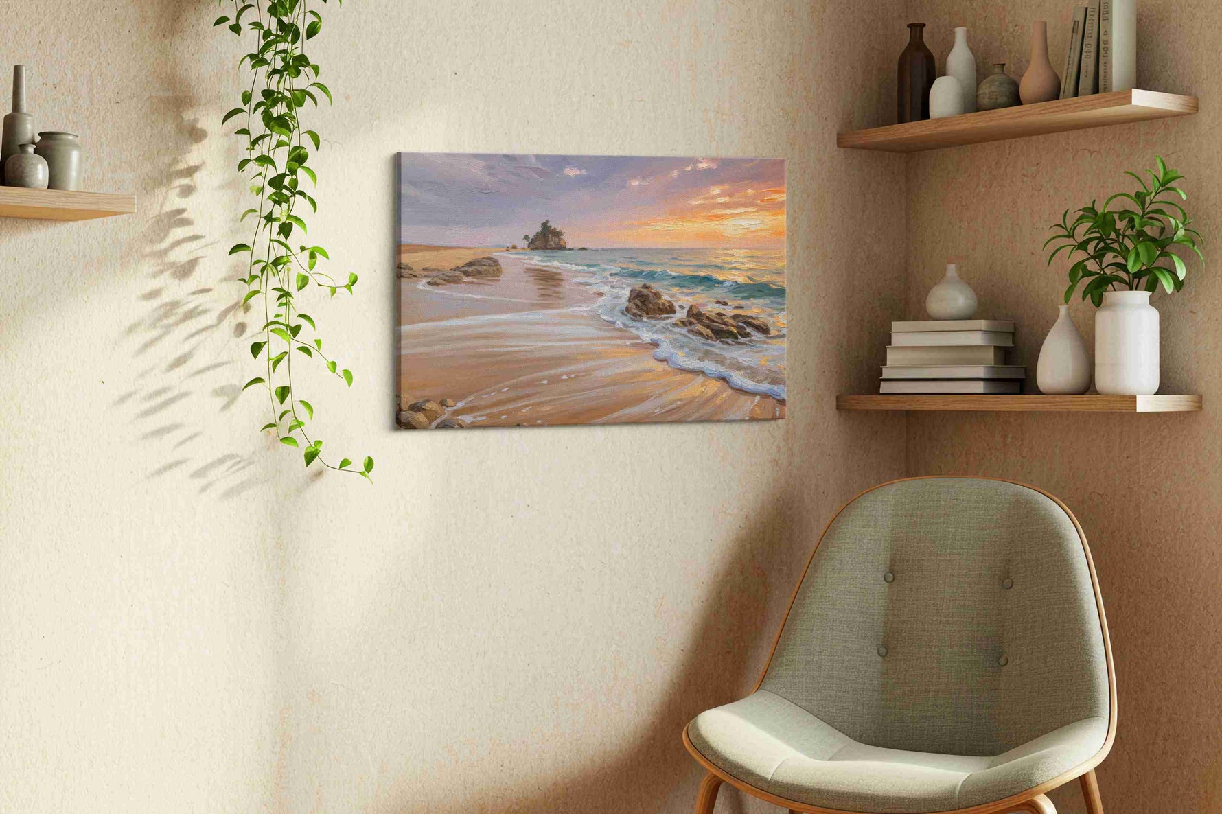 Shores of Serene Evening beach canvas print styled in a living room