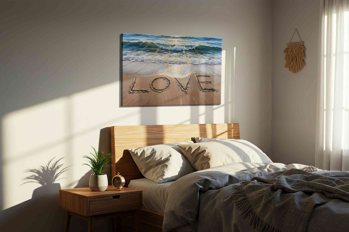 Shores of Serenity beach canvas print, displayed in a bedroom