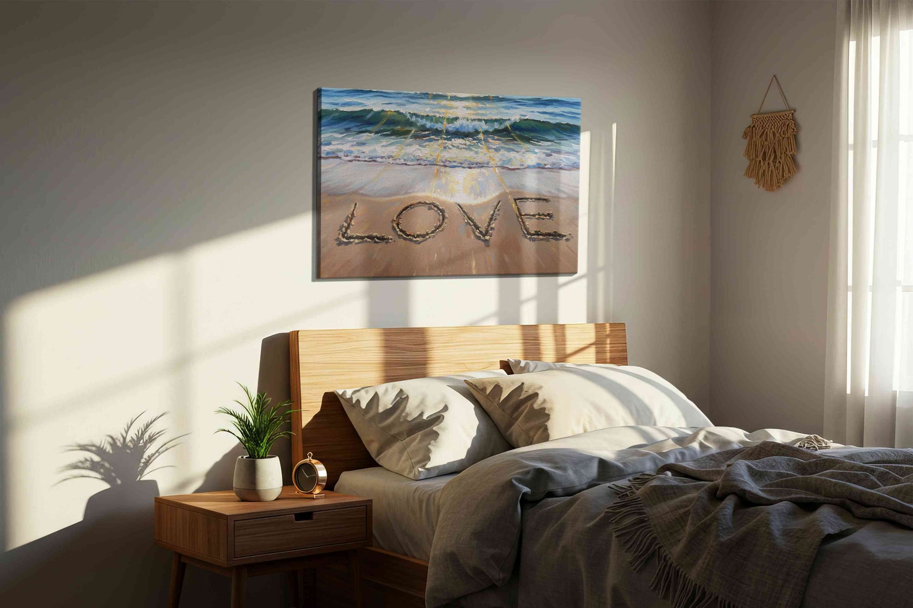 Shores of Serenity beach canvas print, displayed in a bedroom