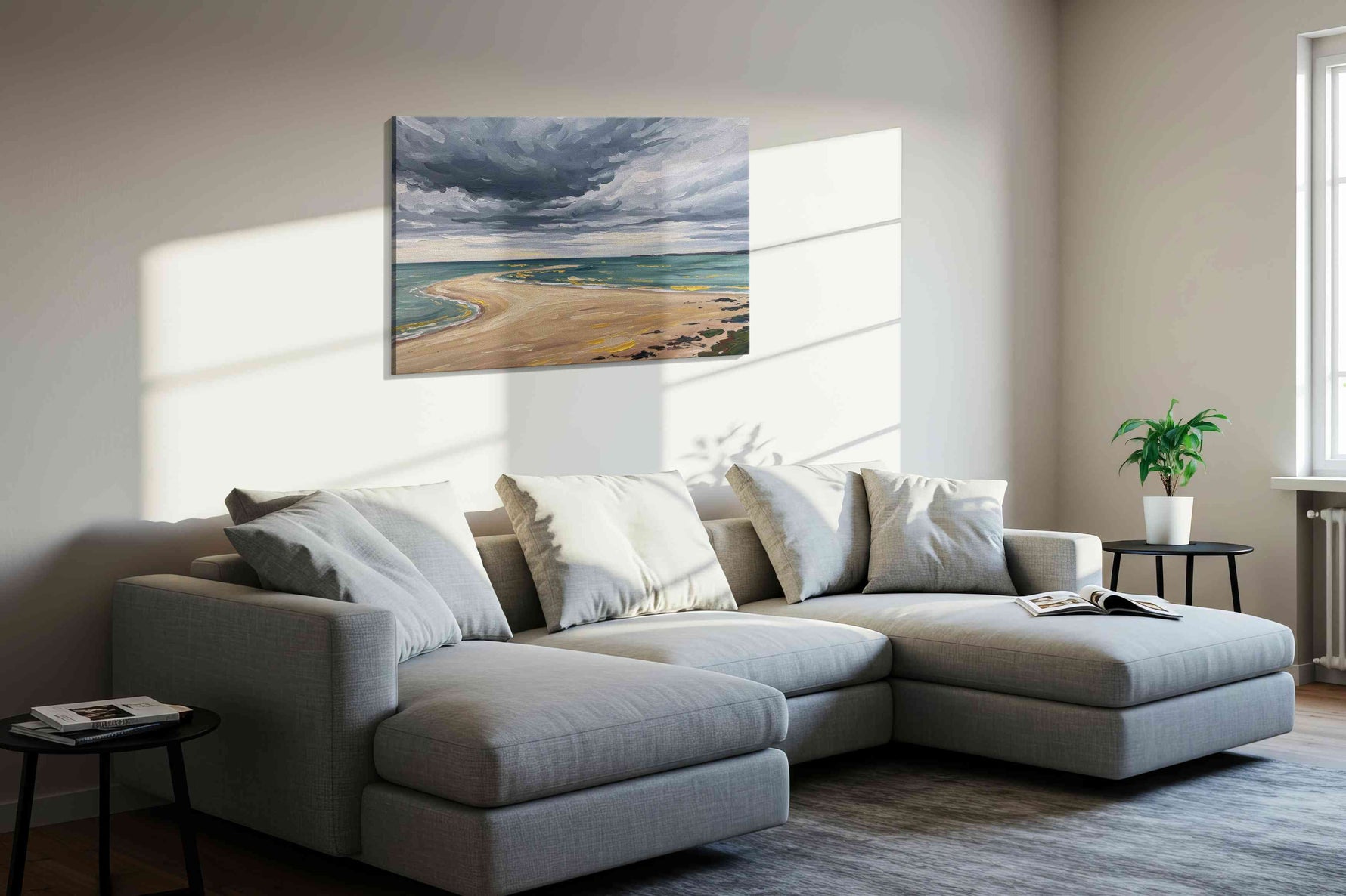 Storm Over Tranquil Shore beach canvas print in a living room scene