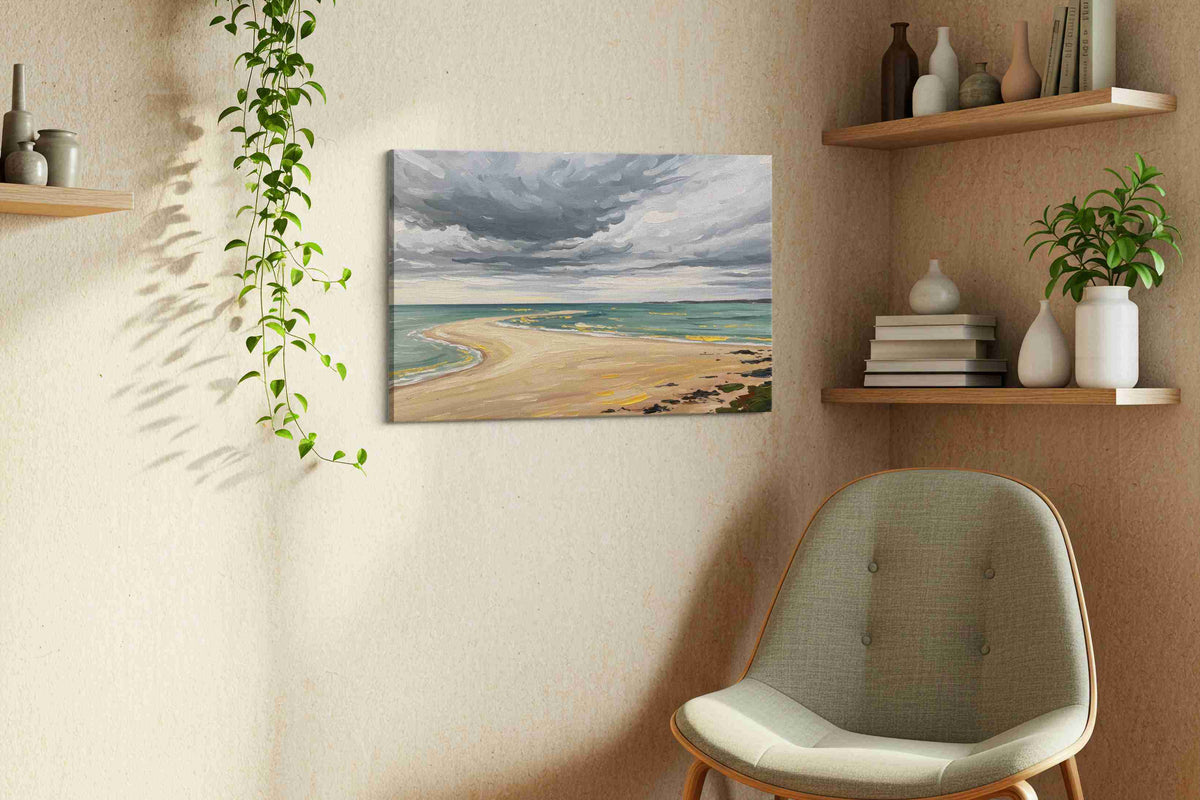 Storm Over Tranquil Shore beach canvas print, displayed in a living room