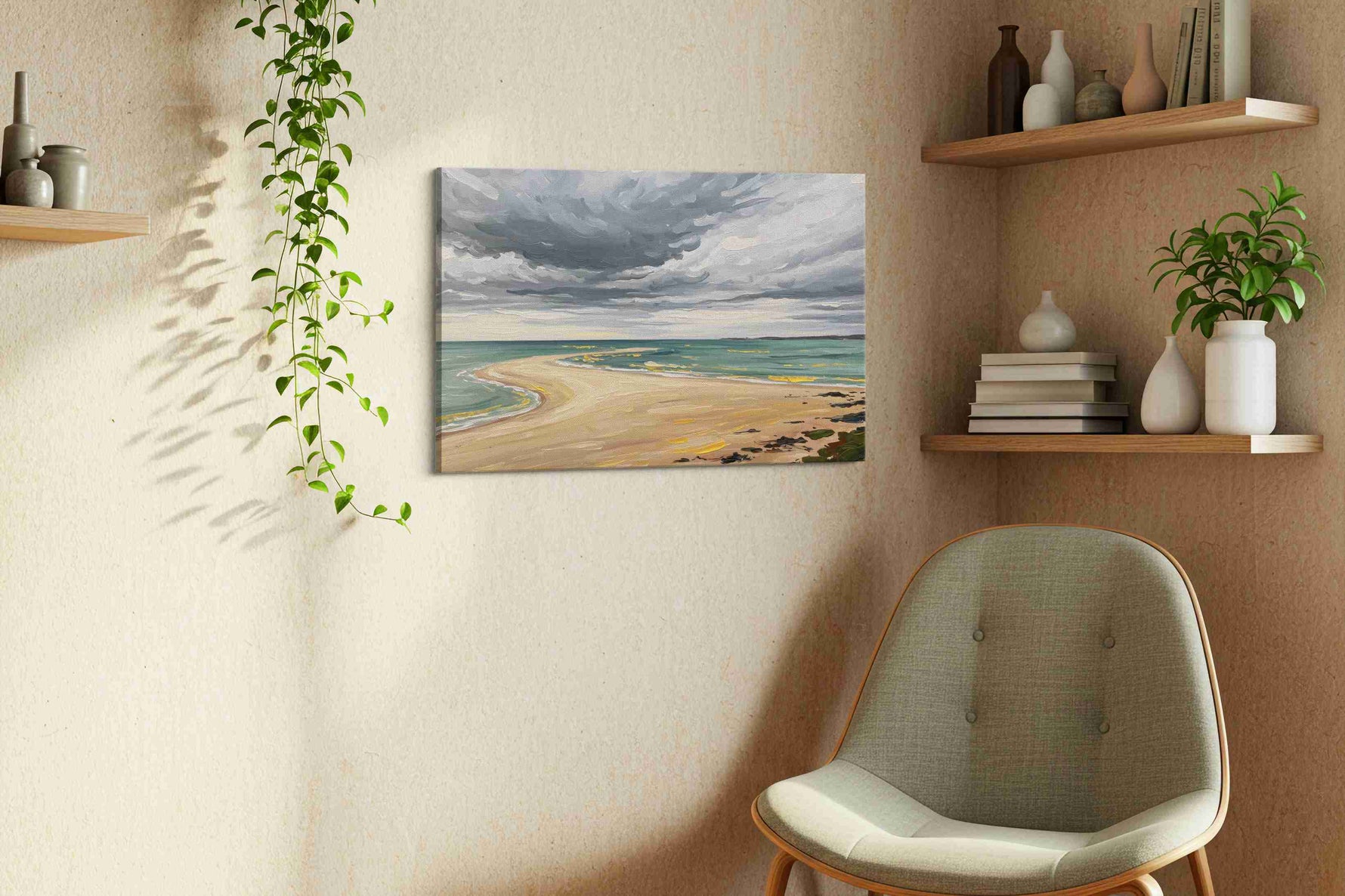 Storm Over Tranquil Shore beach canvas print, displayed in a living room