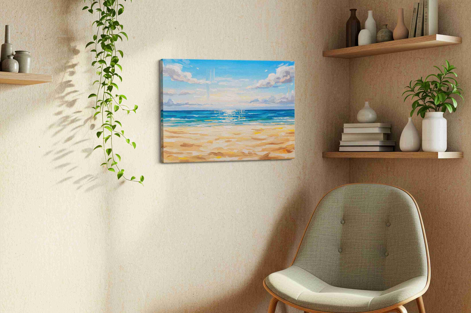 Sunlit Ocean Serenity beach canvas print, displayed in a living room