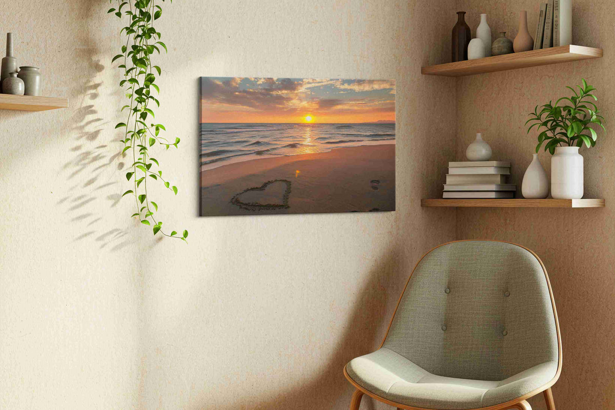 Sunset Heart on the Shore beach canvas print, displayed in a living room