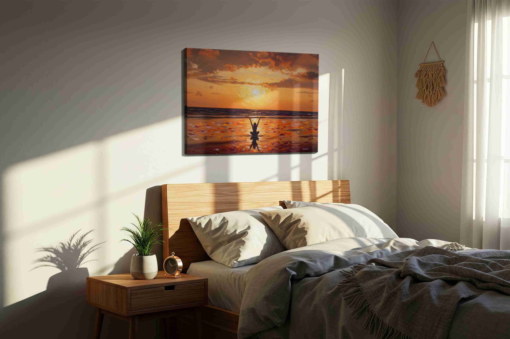 Sunset Serenity Embrace landscape canvas print, displayed in a bedroom
