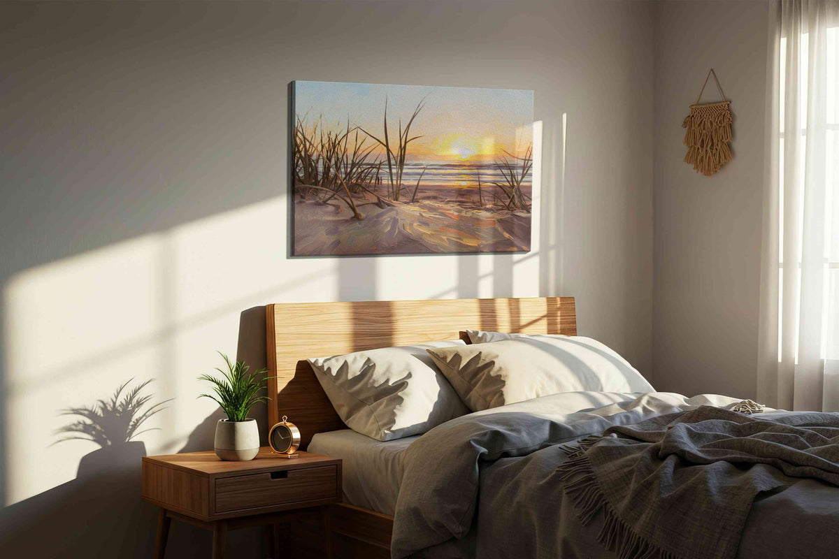 Sunset Serenity by the Dunes beach canvas print, displayed in a bedroom