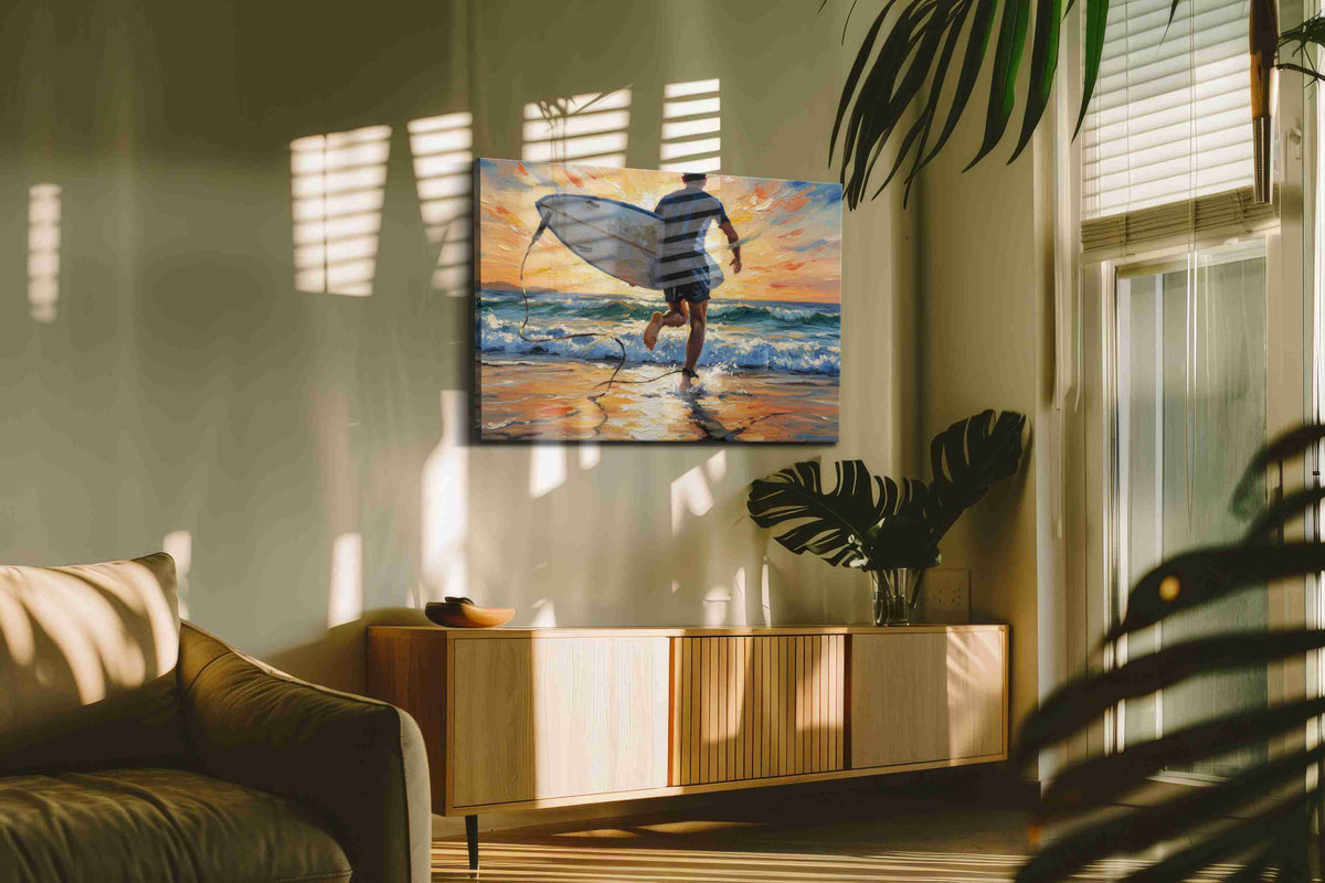 Sunset Surf Escape sports canvas print in a contemporary interior mockup