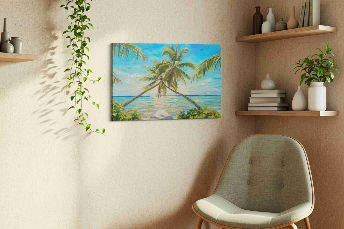 Tropical Embrace at Dusk beach canvas print, displayed in a living room