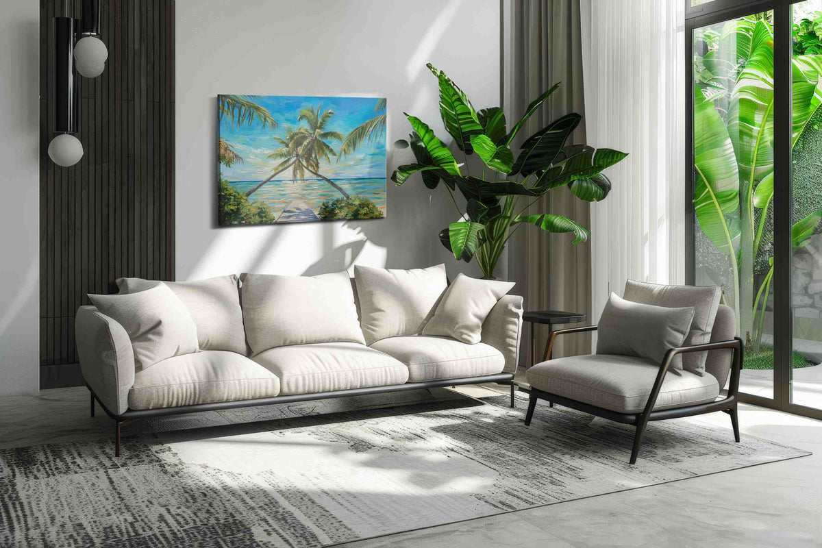 Tropical Embrace at Dusk beach canvas print in a hung canvas mockup