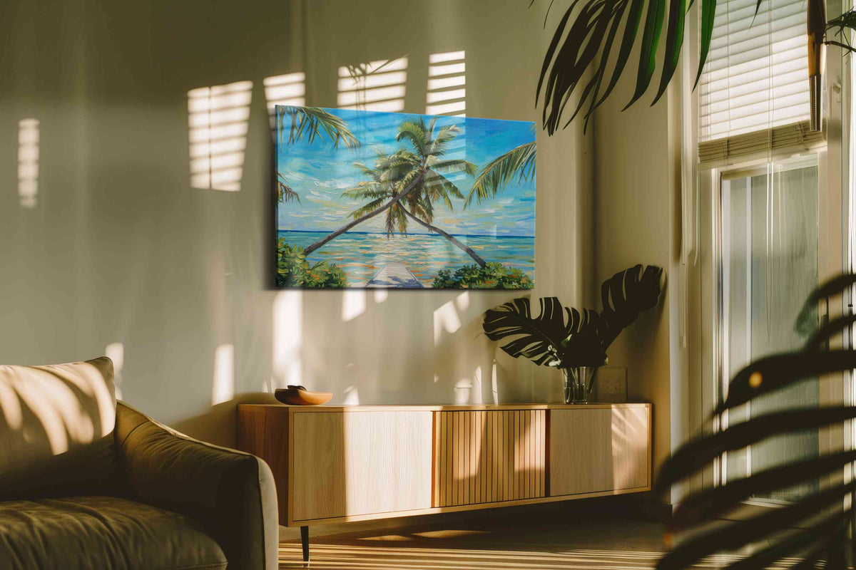 Tropical Embrace at Dusk beach canvas print, on wall, lifestyle preview