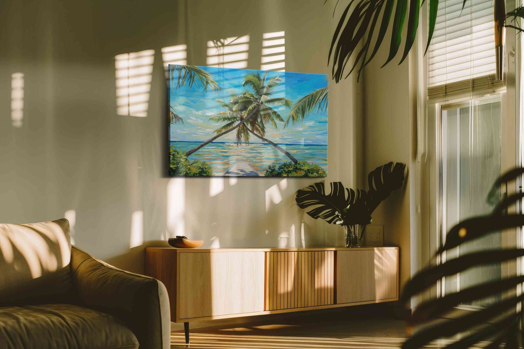 Tropical Embrace at Dusk beach canvas print, on wall, lifestyle preview