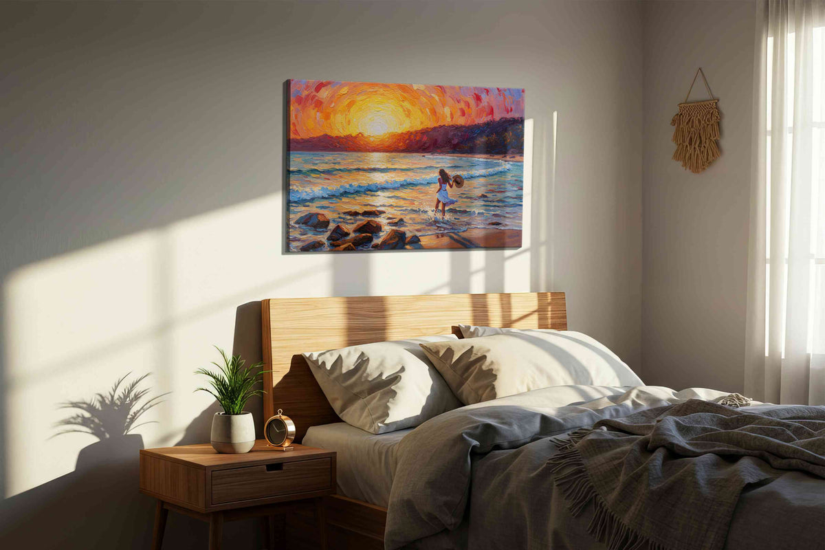 Twilight Waves of Serenity romance canvas print, displayed in a bedroom