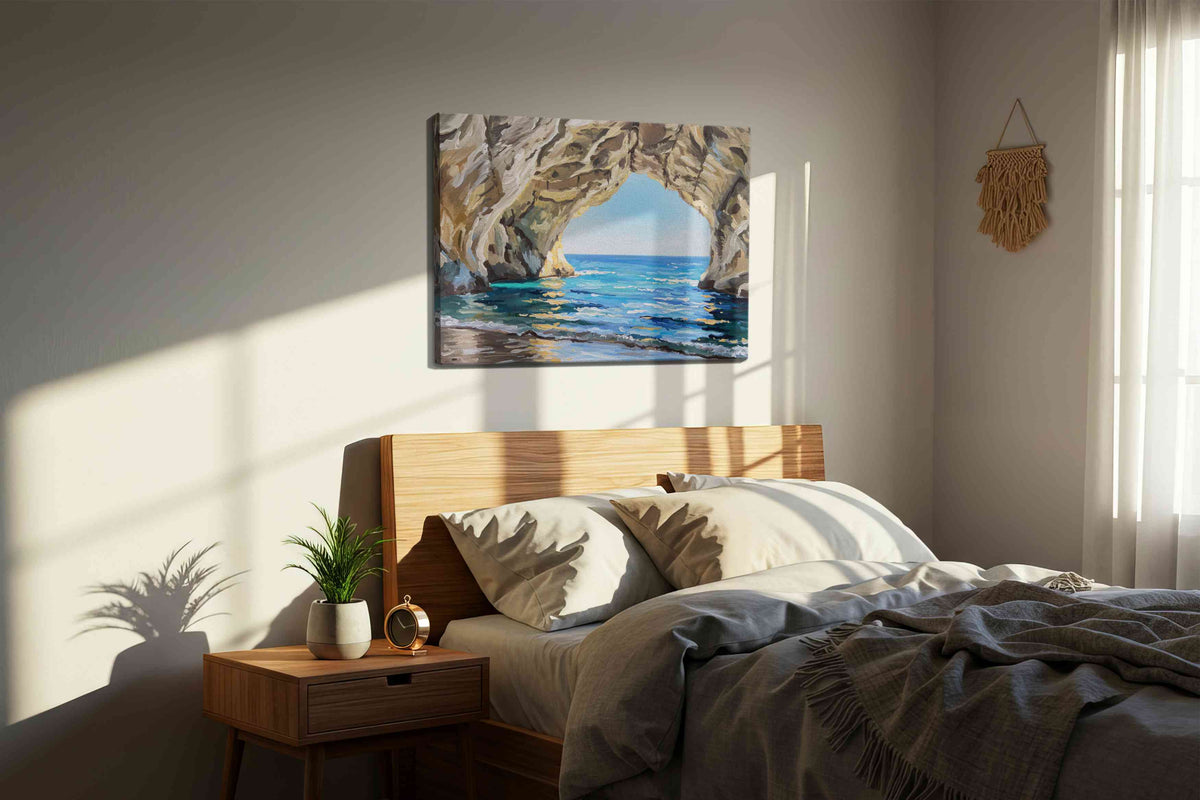 Whispering Waves Cavern beach canvas print, displayed in a bedroom