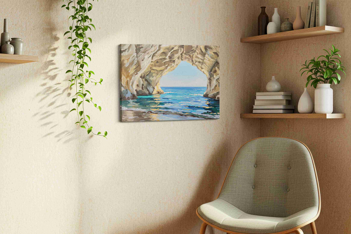 Whispering Waves Cavern beach canvas print styled in a living room