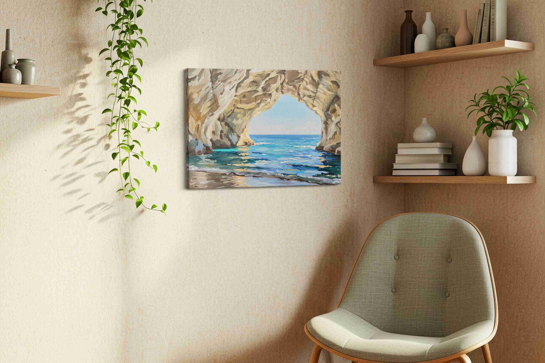 Whispering Waves Cavern beach canvas print styled in a living room