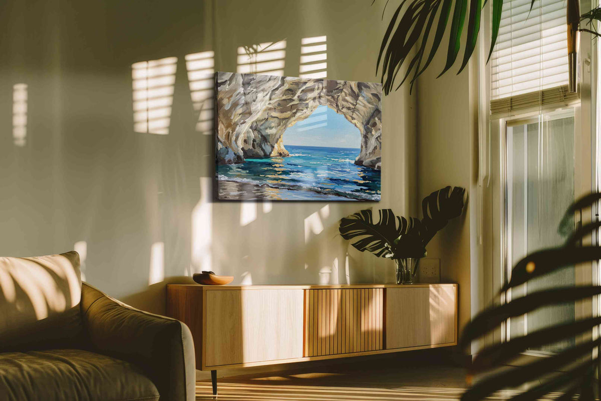 Whispering Waves Cavern beach canvas print, on wall, lifestyle preview