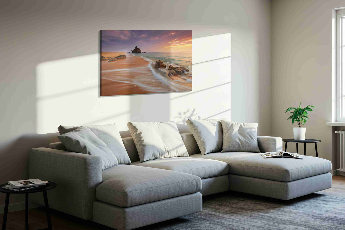 Whispers of Sunset Waves beach canvas print, displayed in a living room