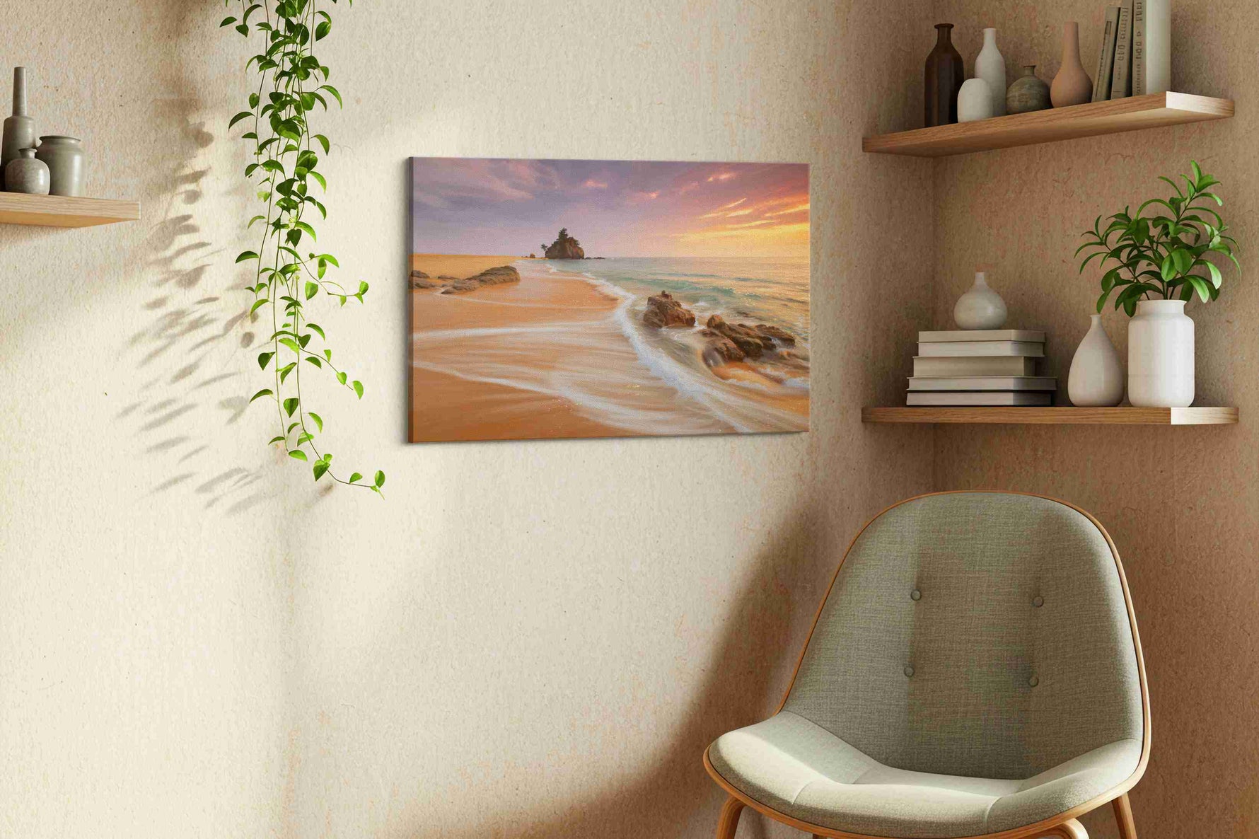 Whispers of Sunset Waves beach canvas print styled in a living room