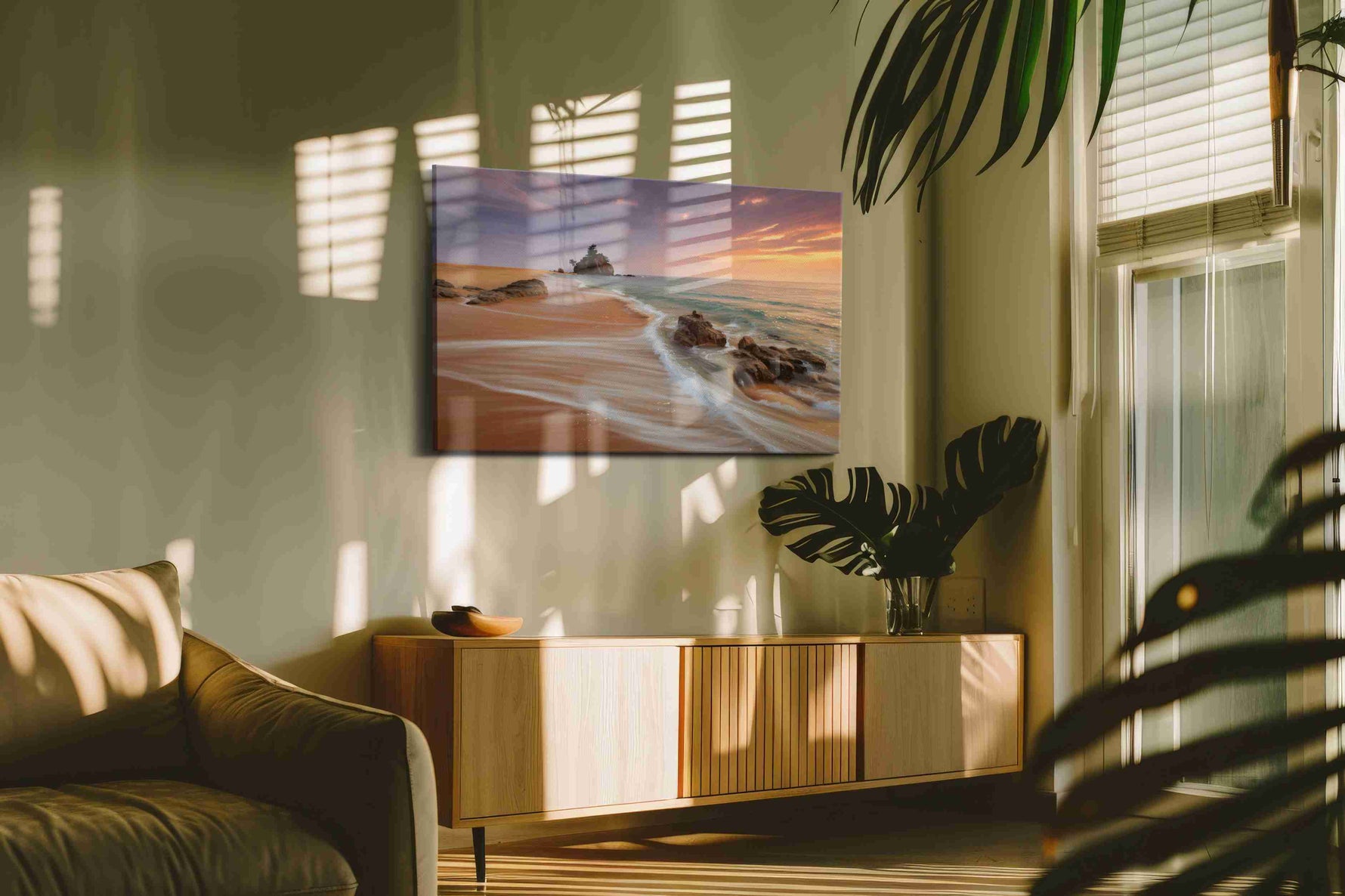 Whispers of Sunset Waves beach canvas print in a hung canvas mockup
