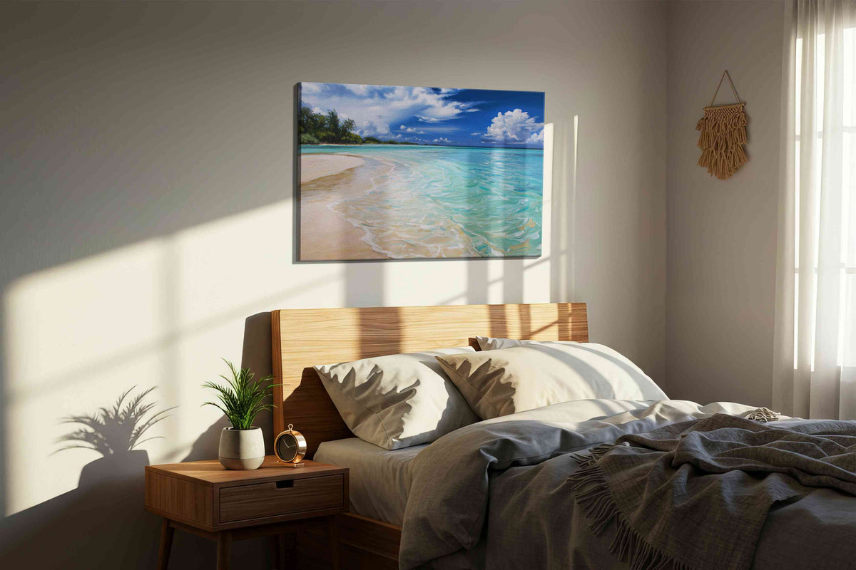 Whispers of the Azure Tides beach canvas print, displayed in a bedroom