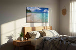 Whispers of the Azure Tides beach canvas print, displayed in a bedroom