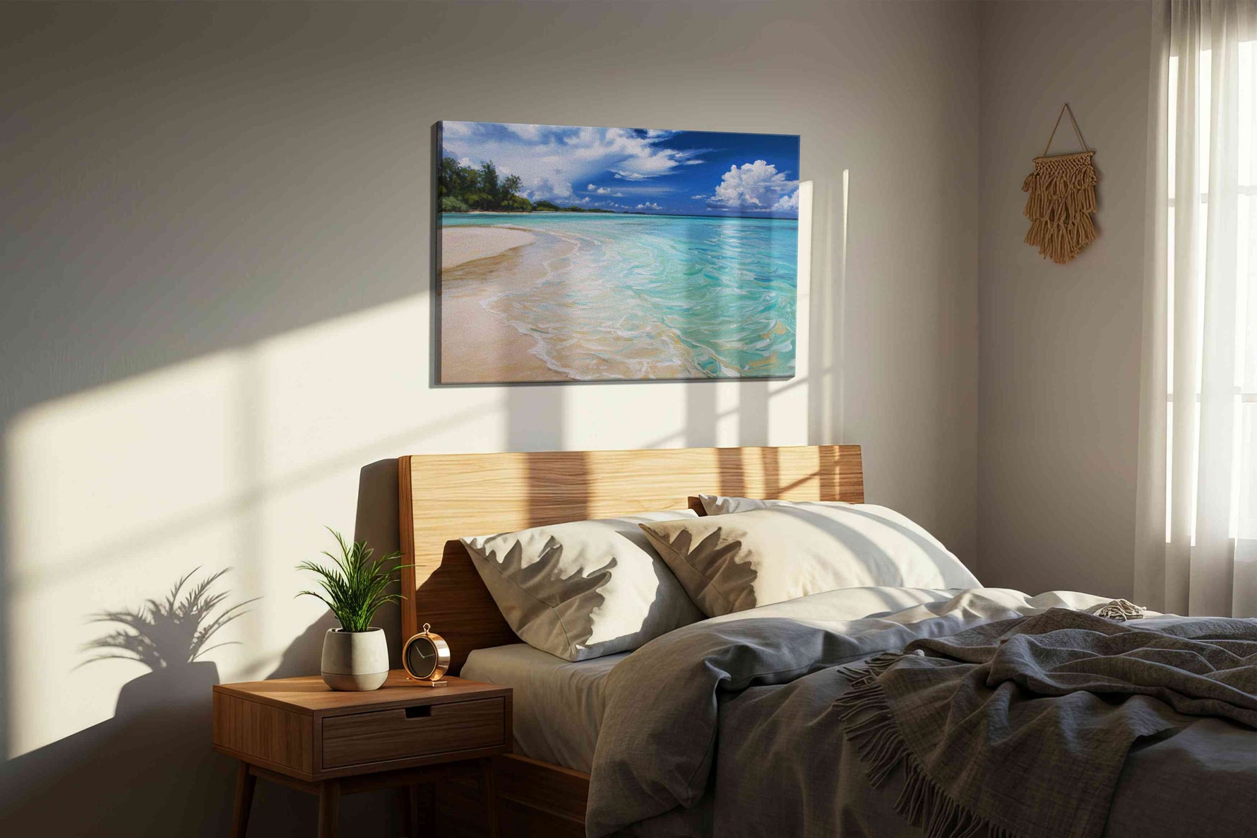 Whispers of the Azure Tides beach canvas print, displayed in a bedroom