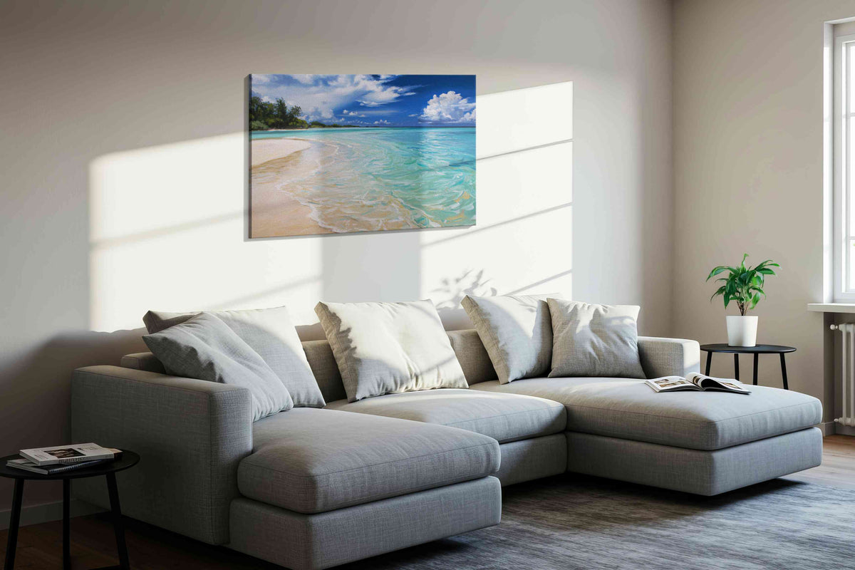Whispers of the Azure Tides beach canvas print, displayed in a living room