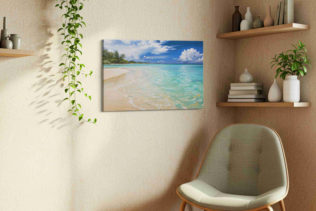 Whispers of the Azure Tides beach canvas print, hanging on wall