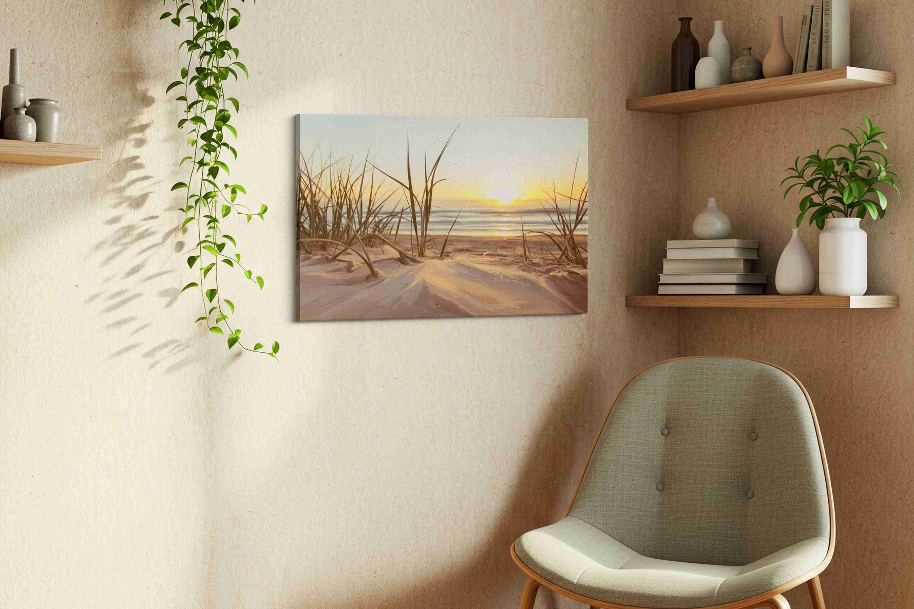 Whispers of the Dunes beach canvas print styled in a living room