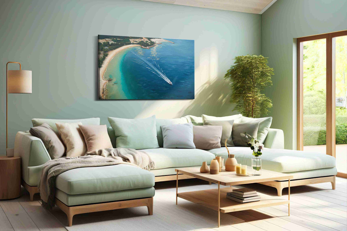 Whispers of the Ocean Breeze beach canvas print shown in a wall scene
