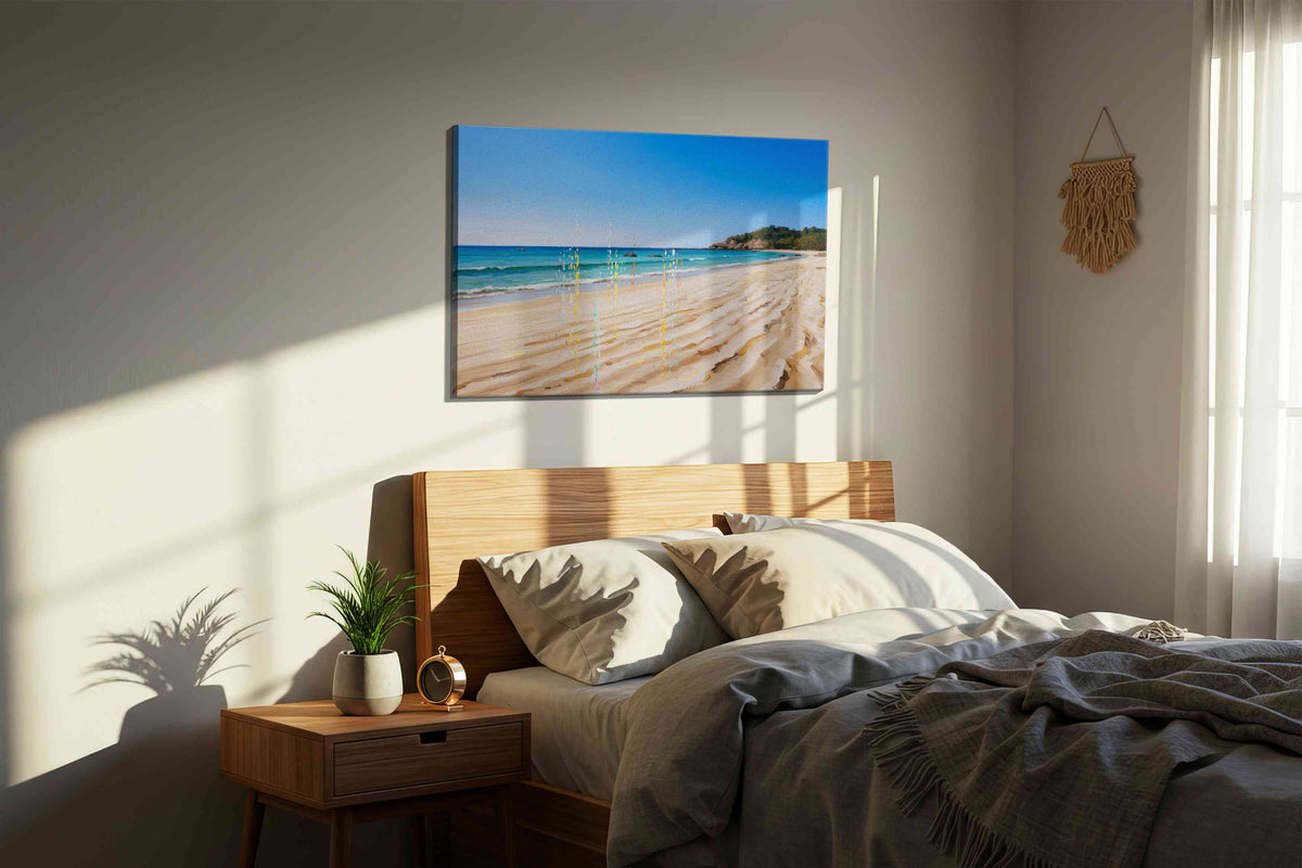 Whispers of the Shore II beach canvas print, displayed in a bedroom