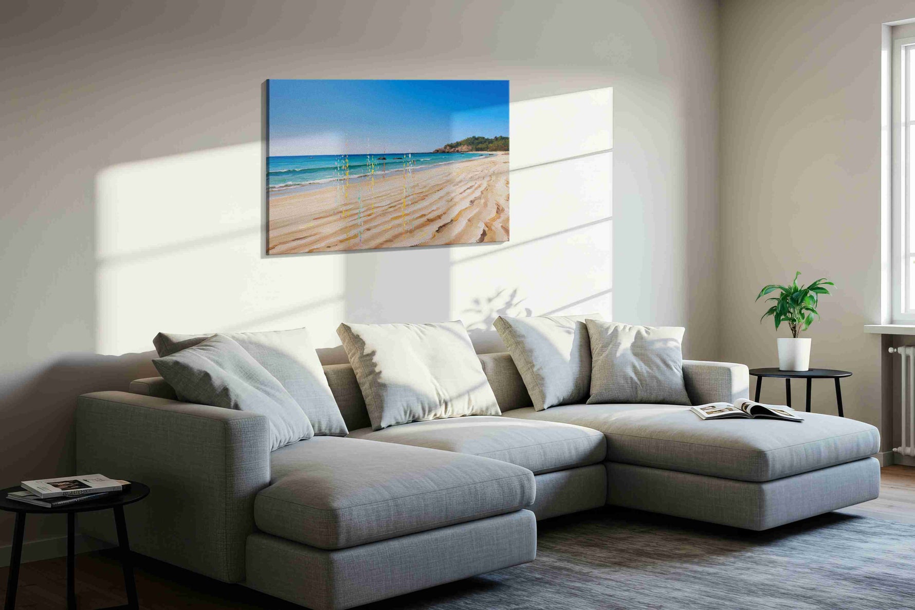 Whispers of the Shore II beach canvas print, displayed in a living room