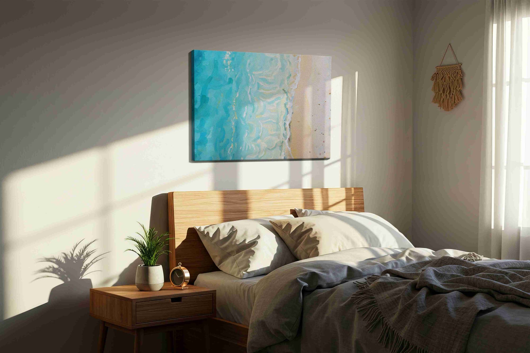 Whispers of the Shoreline II beach canvas print, displayed in a bedroom