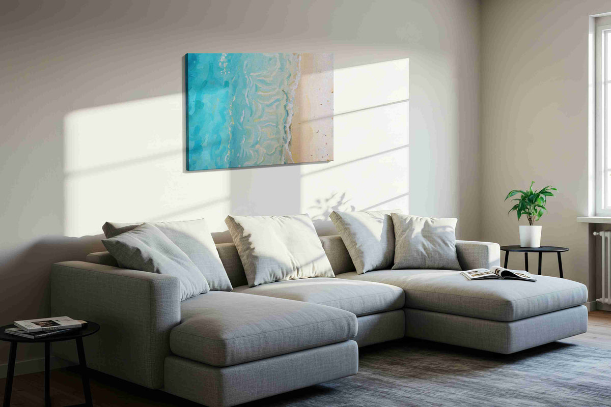 Whispers of the Shoreline II beach canvas print, displayed in a living room