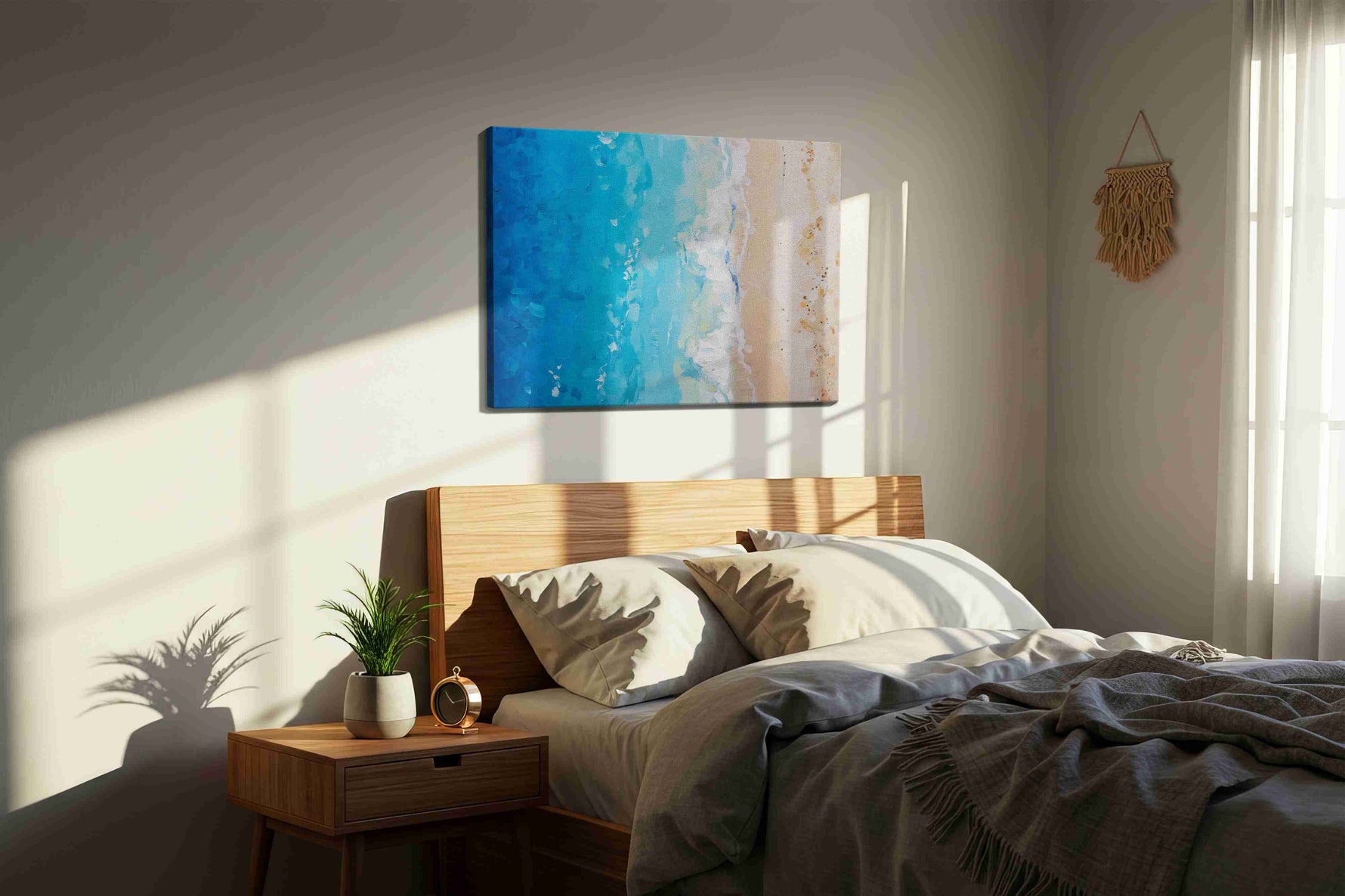 Whispers of the Tide beach canvas print, displayed in a bedroom