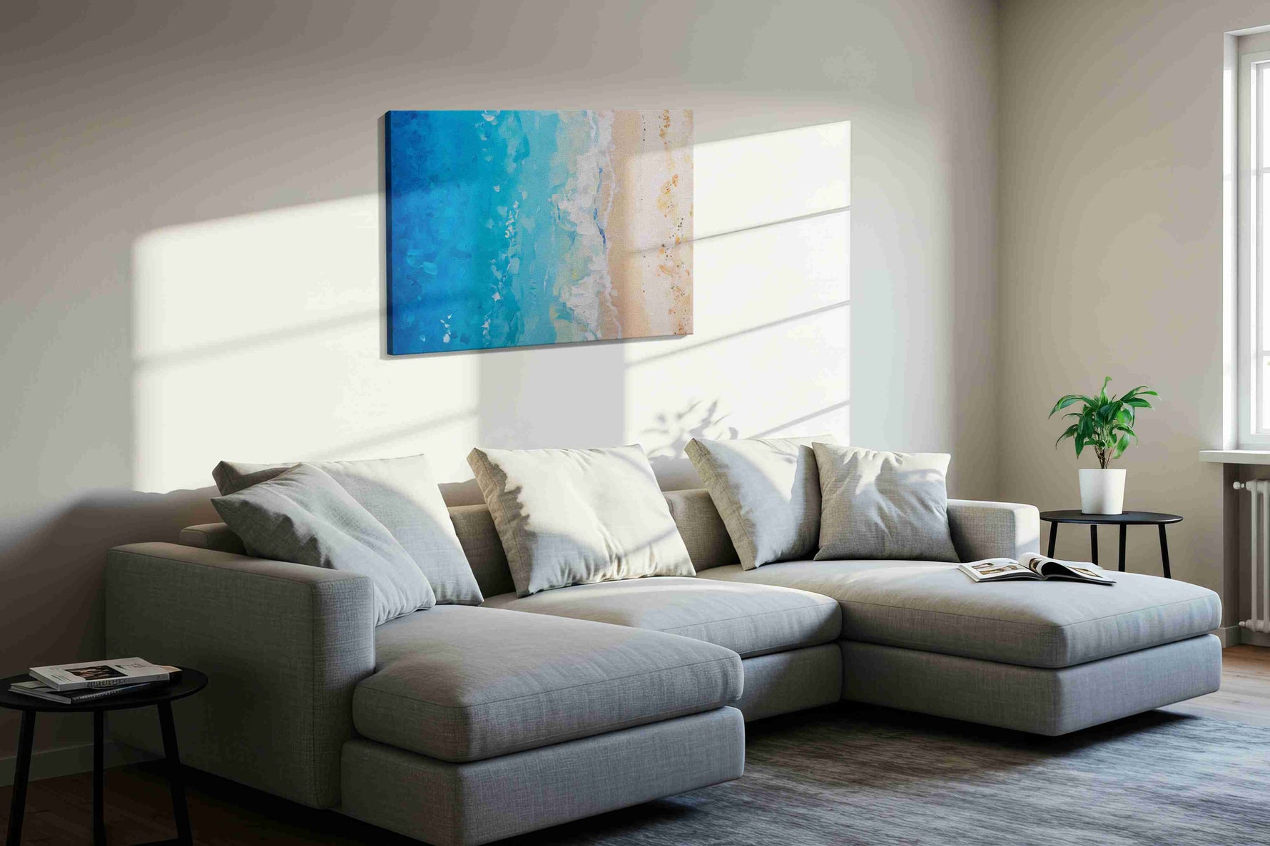 Whispers of the Tide beach canvas print, displayed in a living room
