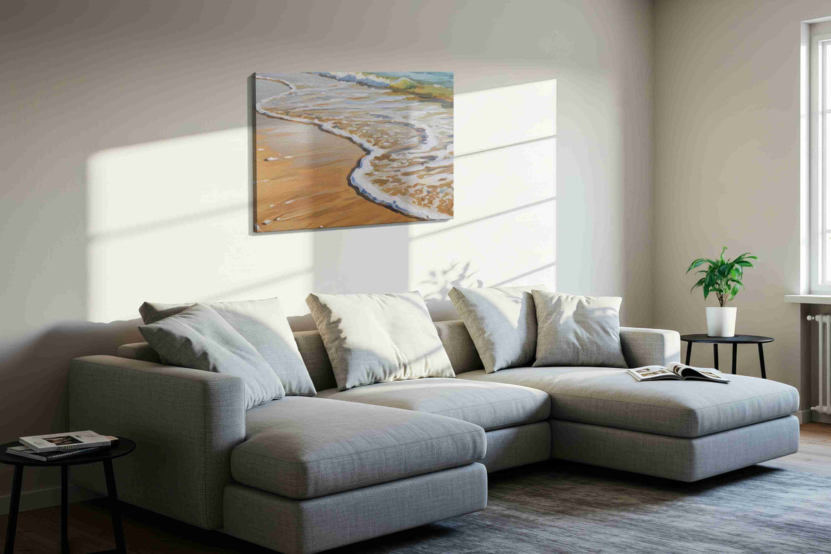 Whispers of the Tide II beach canvas print, displayed in a living room