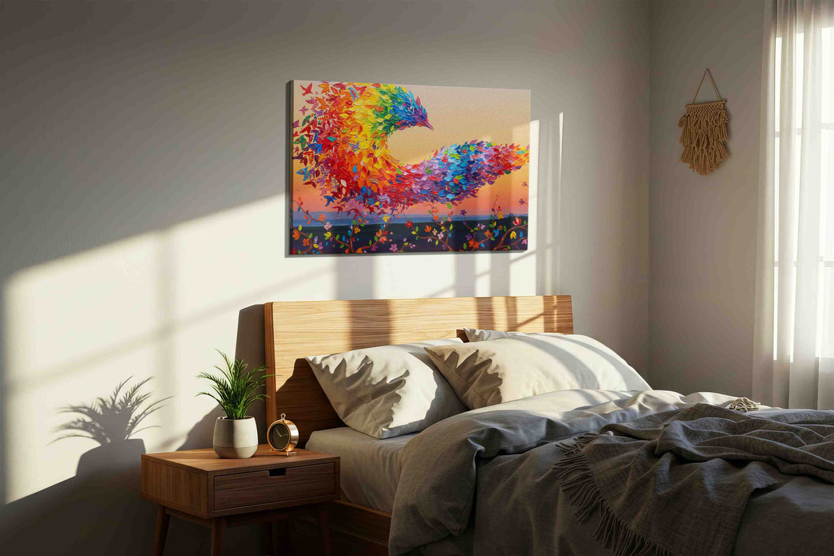 A Symphony of Feathers birds canvas print, displayed in a bedroom