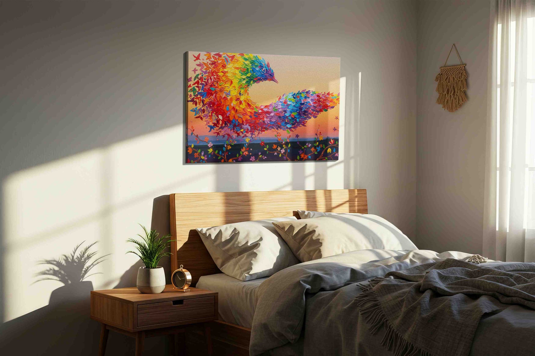 A Symphony of Feathers birds canvas print, displayed in a bedroom