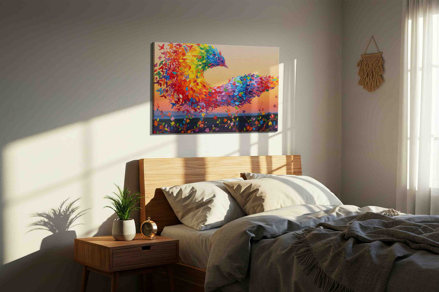 A Symphony of Feathers birds canvas print, displayed in a bedroom