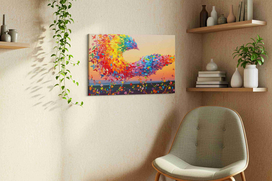 A Symphony of Feathers birds canvas print, displayed in a living room