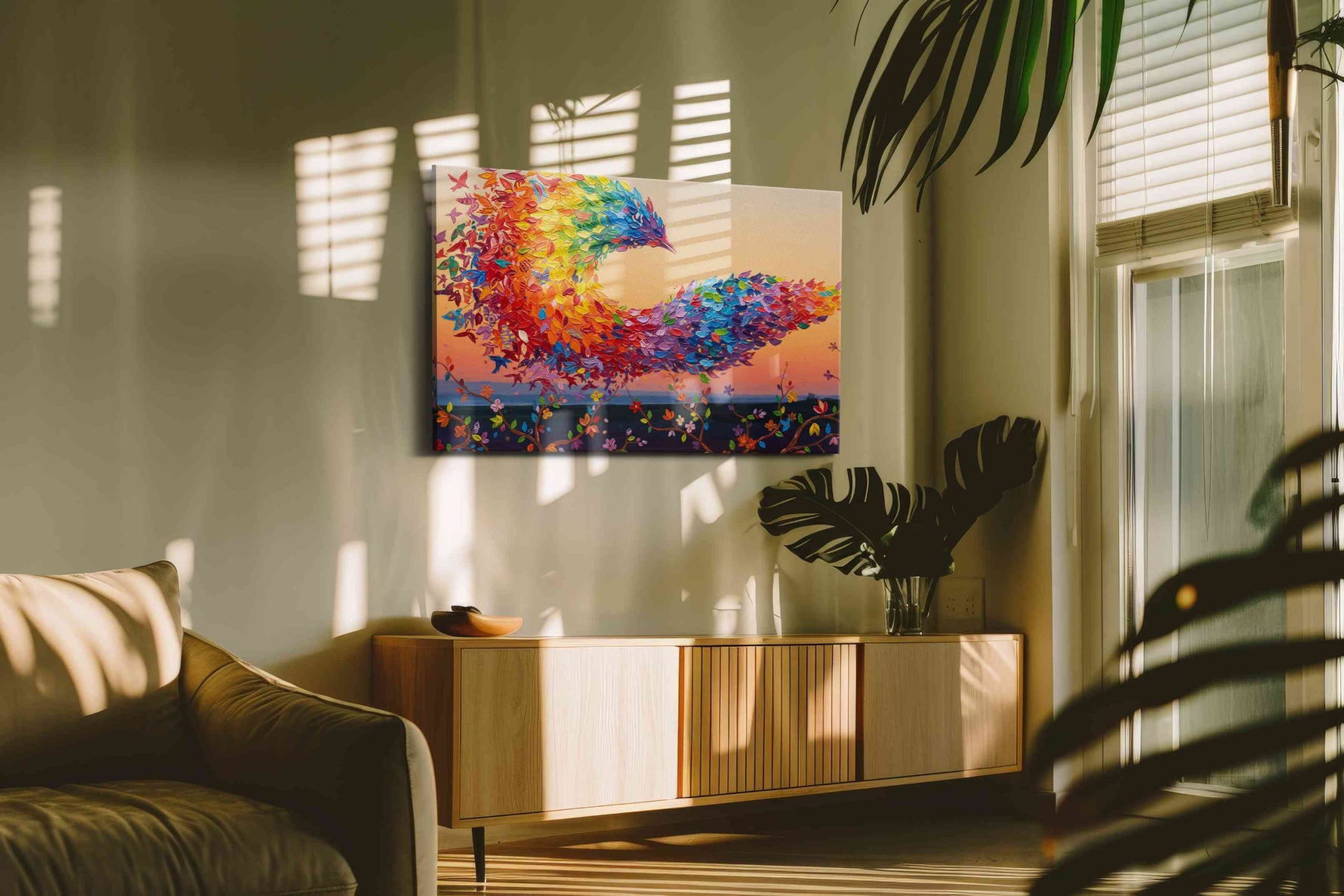A Symphony of Feathers birds canvas print in a contemporary interior mockup