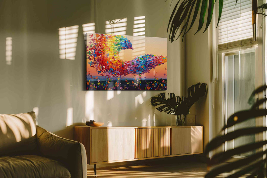 A Symphony of Feathers birds canvas print in a contemporary interior mockup